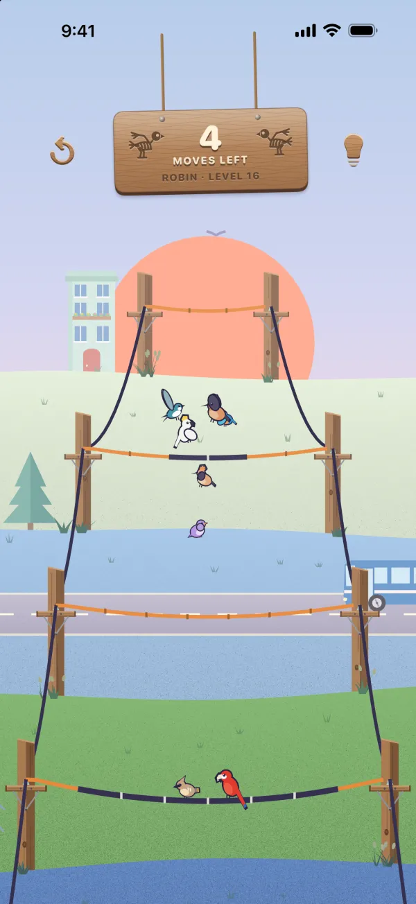 Some levels cross a road, with traffic passing under the wires.
